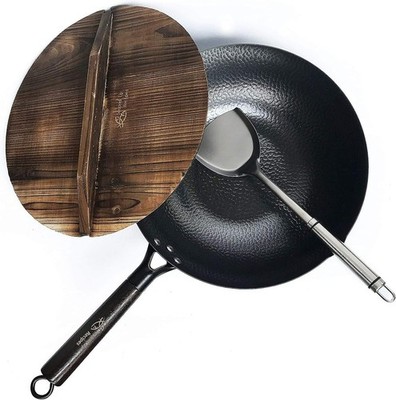 Flat Bottom 12,5 Zoll Kohlenstoffstahl Wok Set - inklusive Spatel & Führung