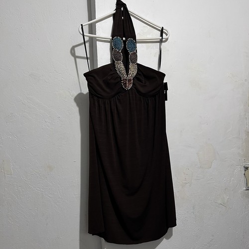 Brown beaded halter neck dress #halterneck IZ Byer California size XL - Imagen 2 de 14