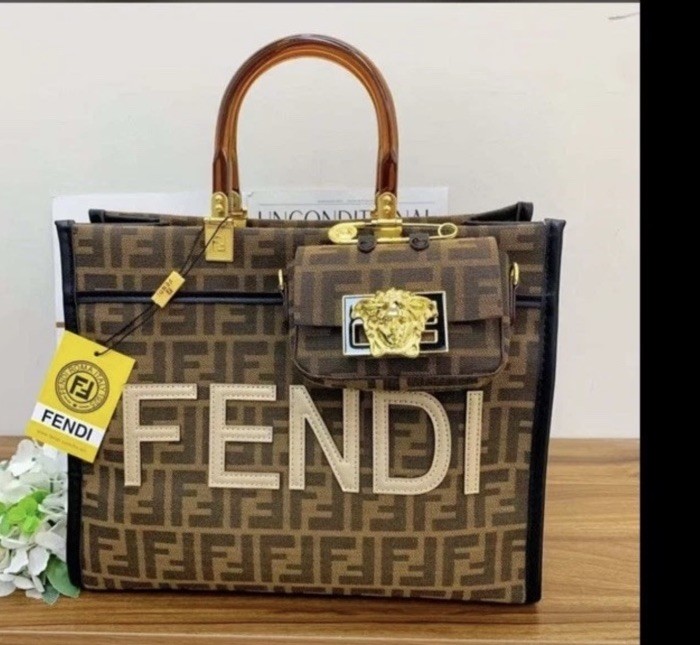 Fendi Logo Tote Bag Gold Hardware Bag Charm Accent Women's Brown Beige Designer