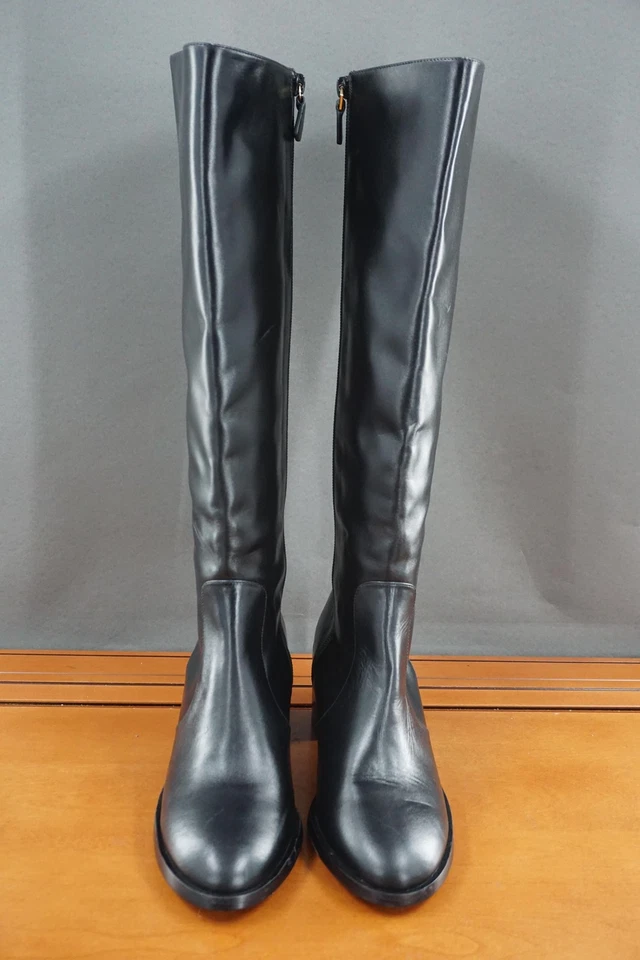 Botas Stuart Weitzman para mujer 7 de cuero negro hasta la rodilla tacón bloque cremallera Foto 2 de 4