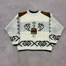 Vintage Strickpullover bestickt Snowboarden gemustert Opa Strickpullover