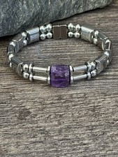 Silver Magnetic Hematite Therapy Bracelet Anklet w Amethyst Gemstone 2 row