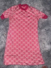 GUCCI Knit Sweater Dress Cotton GG Logo Jacquard Rib Pink Whie Size xs Women