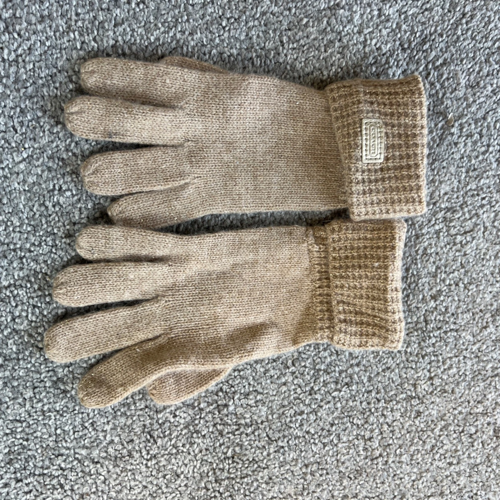 Coach Knit Gloves Womens S/O Tan Gold Metallic Wool Cashmere Blend Shimmer