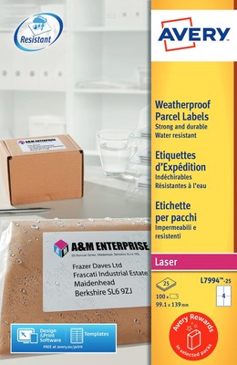 Avery L7994-25 Wasserdichte Etiketten 25 Blatt - 4 Etiketten pro Blatt
