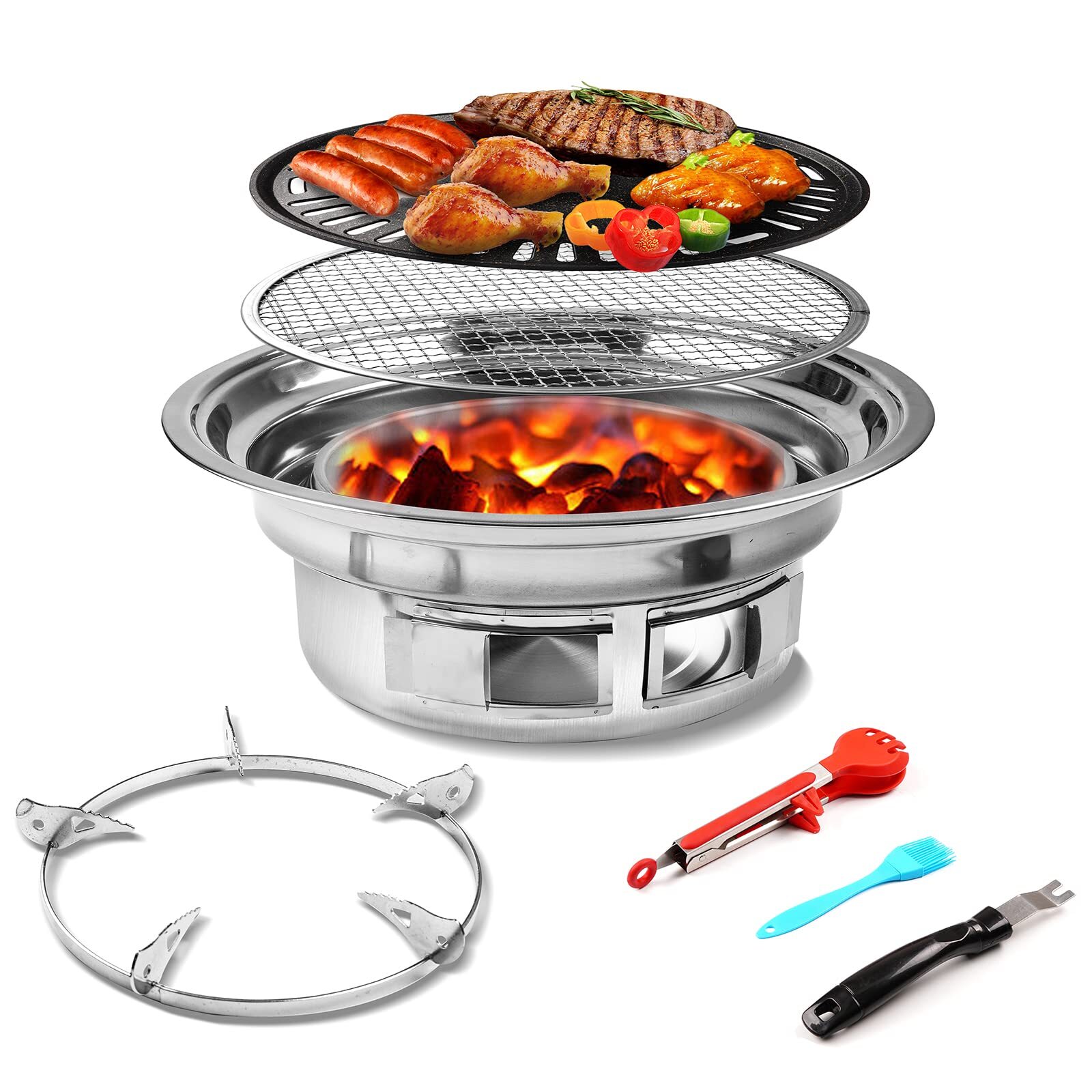 Korean Charcoal Grill, Portable Barbecue Grill Stainless Steel, Non-stick Cha...