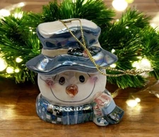 Vintage Ceramic Snowman Head Christmas Tree Ornament Iridescent Finish Blue Hat