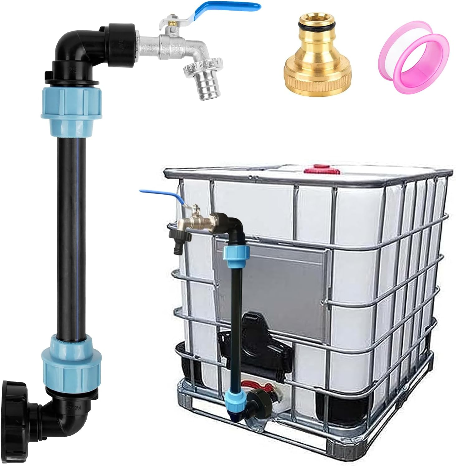 IBC Adapter Mit Schwanenhals Wasserhahn - Für 2 Tanks Nebeneinander 3/4 Zoll