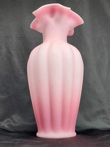 Fenton Glass Vase Pink  Spiral Satin Paneled Ruffle Rim - 11 Inches