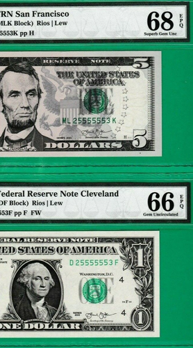 $5 and $1 Federal Reserve Notes MATCHING FANCY Serial Numbers 25555553 PMG 68