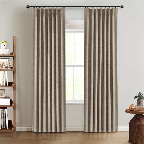 100% Blackout Shield Linen Pinch Pleated Curtains Blackout, Pleated Drapes wi...
