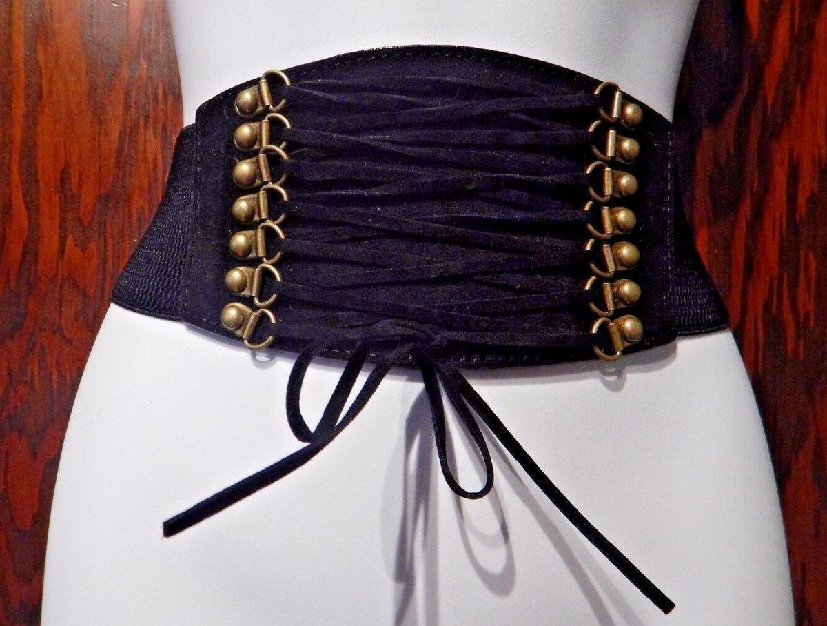 Wide Corset Lace Up Stretch Elastic Belt Black and Gold Ruffle & Ribbon Accent Lace-up Grommet Black Elastic Waist Belt + Flat Silver  main image 4