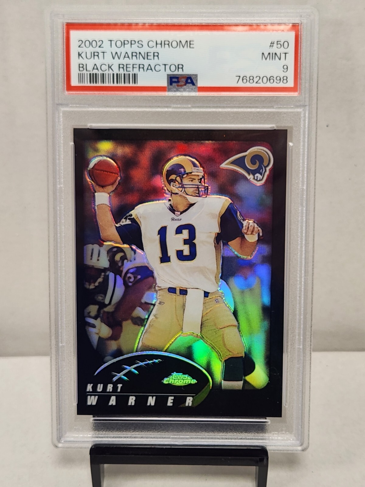 2002 Topps Chrome #50 Kurt Warner Black Refractor /599 PSA Mint 9 Rams POP 3
