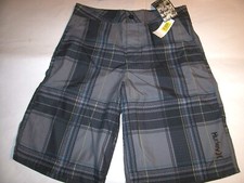 NEW Hurley boys sz 18 black plaid board boardshorts swim trunks shorts hybrid