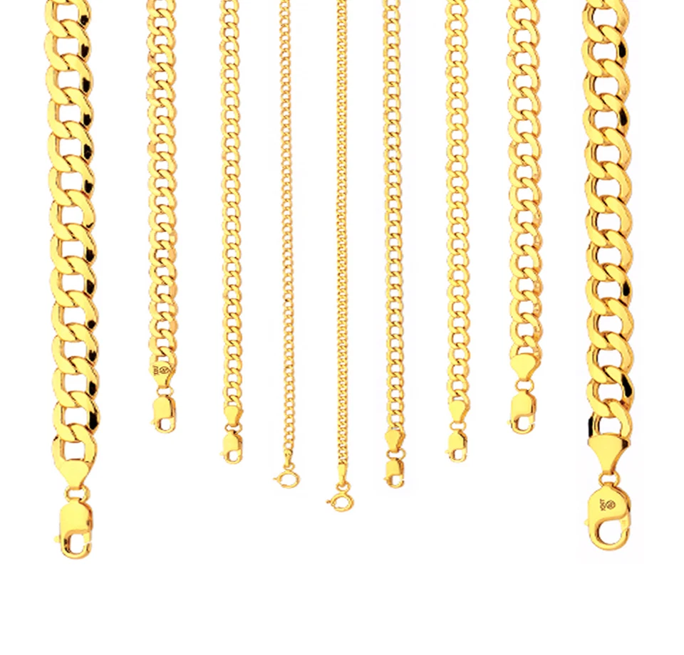 14k Yellow Gold 2mm-11mm Curb Chain Necklace Bracelet Size 7"-30" Hollow