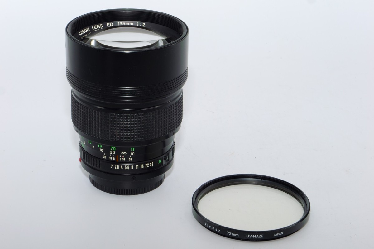 Canon FD 135mm f2 FAST telephoto Lens. UV Filter. Canon F1n