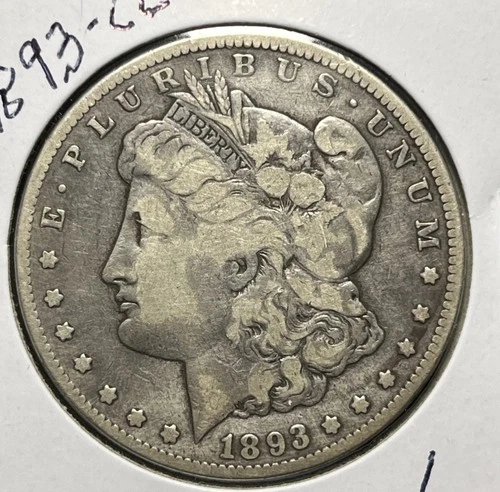 1893-CC MORGAN SILVER DOLLAR, VG/F DETAILS