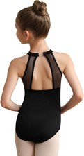Girls Black Mesh Leotard for Dance Halter Neck Ballet Outfit, Hollow Back, Wa...