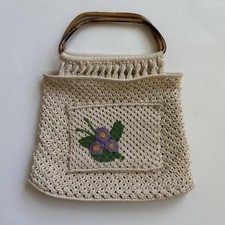 Crochet Handbag with Bamboo Handle and Floral Embroidery