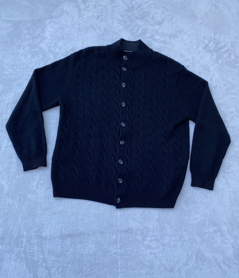 Club Room Wool Blend Cable Knit Cardigan Sweater Mens L Black Fisherman Black - Image 2 of 4