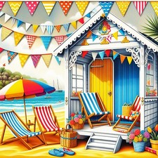 SUMMER HOLIDAY SEASIDE BEACH HUT - 8" x 8" UNFRAMED PRINT OTHERS ARE LISTED 445