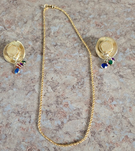Authentic 18 kt Gold Plated Multicolor Crystal Hat Earrings and Chain Necklace
