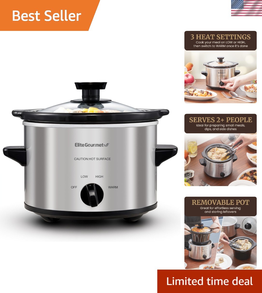 Electric Slow Cooker Ceramic Pot, Adjustable Temp- 1.5 Quart, Stainless Steel