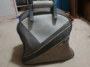 Brunswick Bowling Ball Bag Grey Vinyl Striped Metal Single Ball Rack Vintage VTG