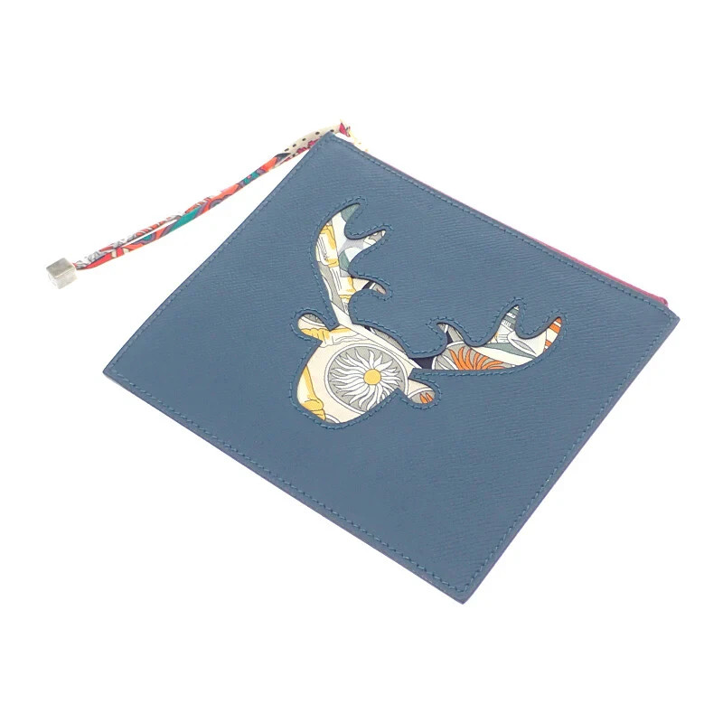 HERMES Flat Case Petit Ash Pouch Deep Blue Multicolor Epsom Leather Women's ISY thumbnail 3