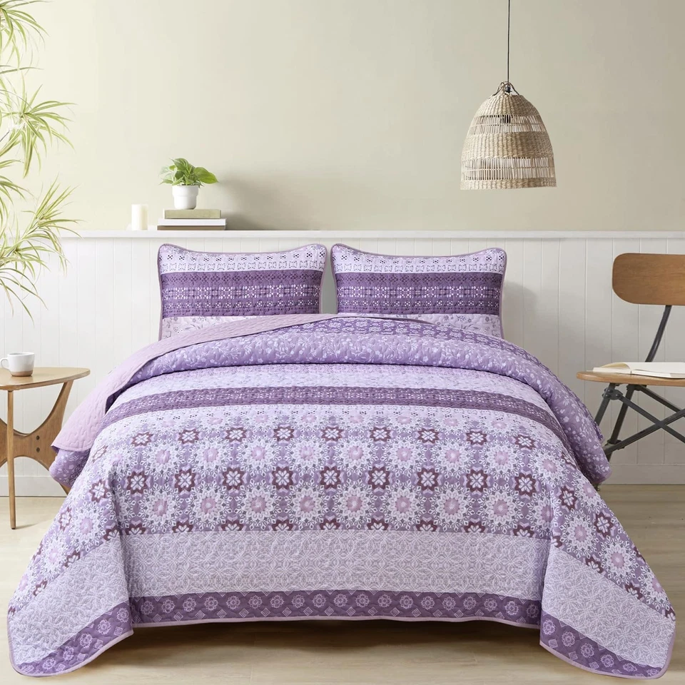 Boho Quilt Set King,Purple Bohemian Striped Patchwork Bedspread Coverlet Set ... - Image 2 of 4