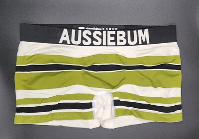 AussieBum Men's Bodystretch Hipster Trunk Size M Green White Black Stripe New