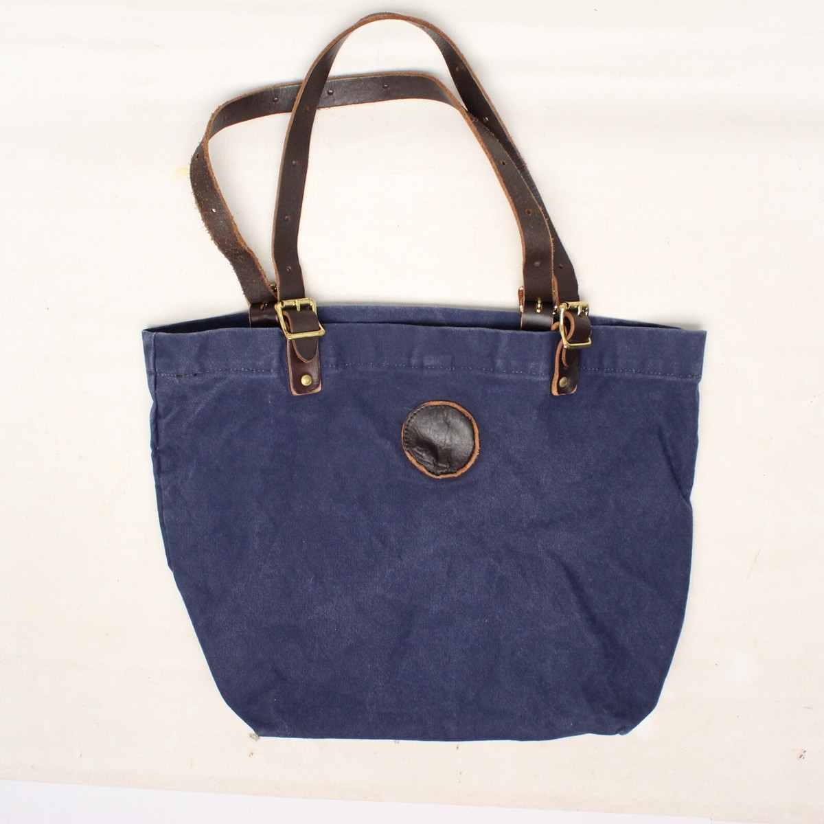 VTG Duluth Pack Tote Bag Navy Blue Canvas Brown Leather Brass Made 