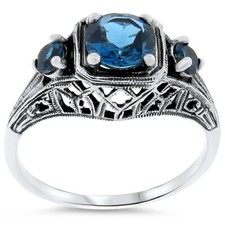 GENUINE LONDON BLUE TOPAZ 925 STERLING SILVER ART DECO STYLE 3 STONE RING  188z