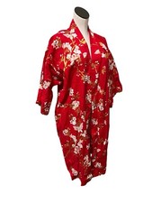 Japanese Cotton Robe Red Butterflies Pink Gold Pocket Made In Japan