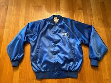 Vintage Auburn Sportswear Blue Satin Bomber Jacket Buttons Large Made In USA