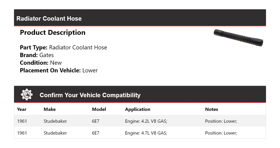 Manguera de refrigerante de radiador Studebaker 6E7 1961 puertas inferiores Foto 2 de 4