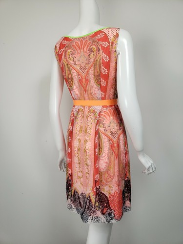 T TAHARI Coral Pink Lime Print Cotton Silk Voile Neon Trim Tie Belt Dress sz 2 - Picture 3 of 3