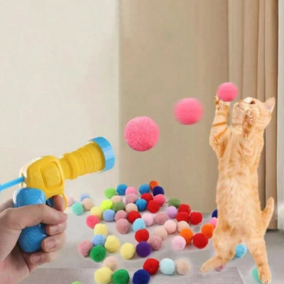 1pc Cat Ball Launcher Toy - Includes 5 Plush Pompom Balls for Interactive Play