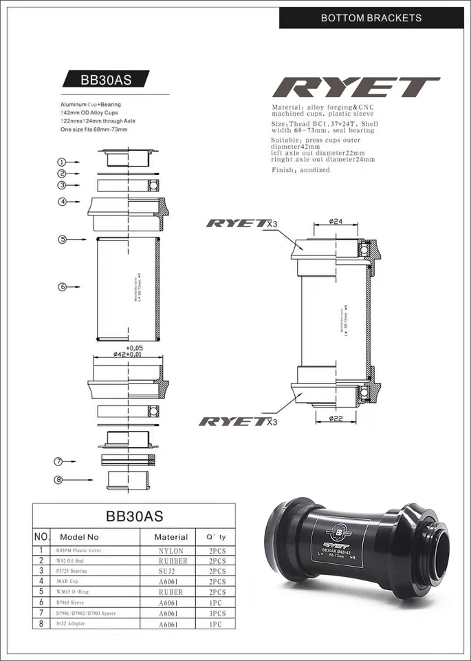 MTB Bicycle AUB Bottom Bracket BB Bearing Cartridge 68mm 73mm for Shimano Sram - Image 4 of 4