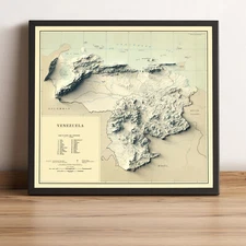 Venezuela Map, Venezuela 2D Relief Map, Venezuela Vintage Map - 2D Flat Print