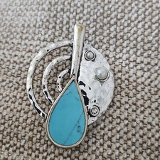Artisan Tourquoise Set In Stamped Silver, Pearl And Rhinestone. Brooch/Pendant