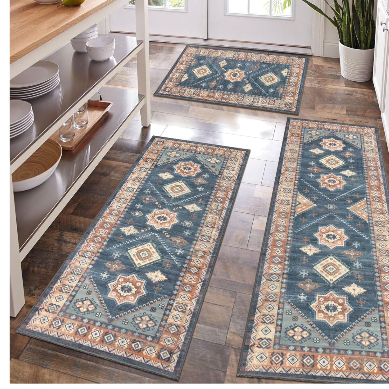 Non-Slip Vintage 3-Piece Kitchen Rug Set for Hallway and Laundry Room