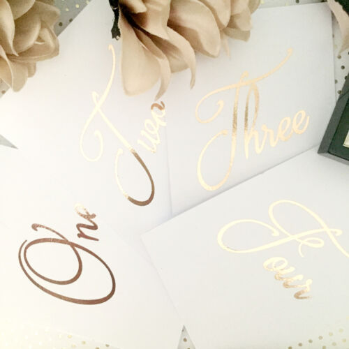 GOLD FOIL TABLE NUMBER 1-12 WEDDING RECEPTION ROSE GOLD COPPER SILVER WHITE CARD - Picture 1 of 10