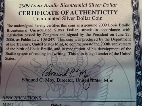 2009 P LOUIS BRAILLE COMMEMORATIVE SILVER DOLLAR. PCGS CERT MS-70. WITH OGP+COA - Picture 12 of 12