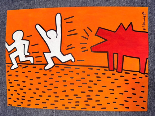 Keith Haring Zeichnung (Handarbeit) Gemälde auf altem Papier signiert gestempelt Vintage - Bild 1 von 4