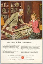 1948 Watchmakers of Switzerland Vintage Print Ad: Girl Admiring Watch at Store