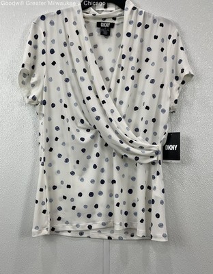 NWT DKNY White and Blue Spotted Short Sleeve Shirt Women's Size XL