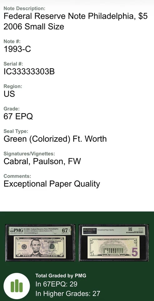 2006 $5 FRN PMG 67 EPQ – 7 of a Kind Fancy Serial IC33333303B – Philadelphia GEM - Image 3 of 3