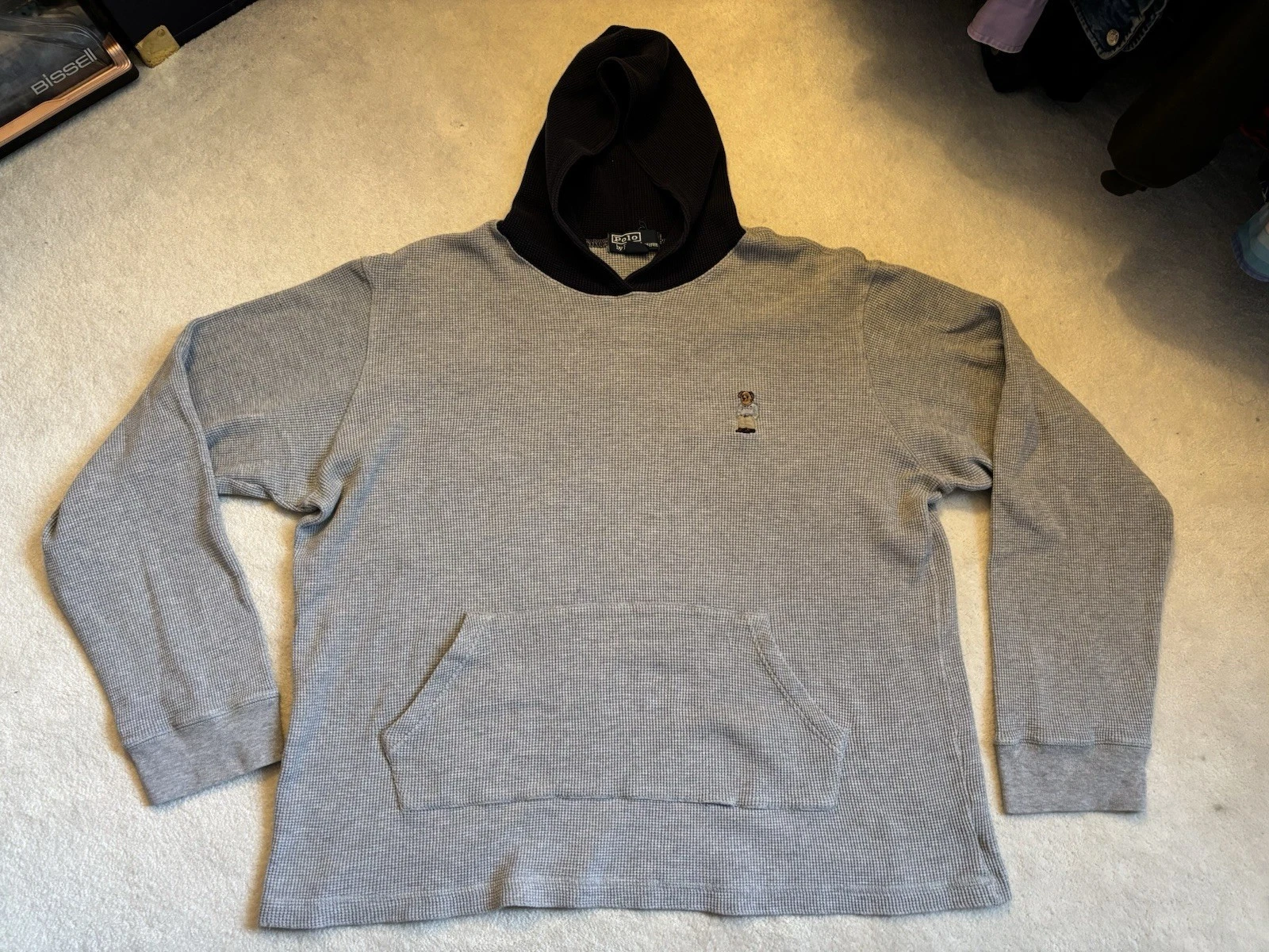 Vintage Polo Ralph Lauren Men’s Bear Waffle Thermal Hoodie Gray XL