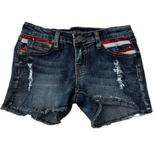 Vigoss Girls Adjustable Waist Jagger Shorts Size 12 Distressed Denim RWB Sequin